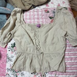 Francesca's Collections Lace-Up Peplum Blouse - Beige